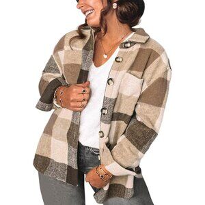 Plus Size Flannel Shacket Women's Casual Plaid Long Sleeve Button Up Coat